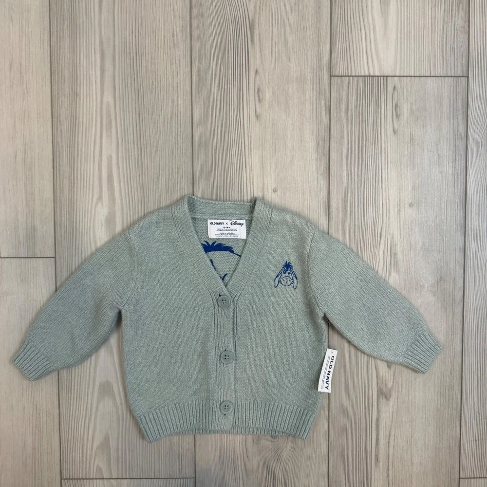 NWT Old Navy X Eeyore Cardigan Embroidered Sweater Sage 12-18M
